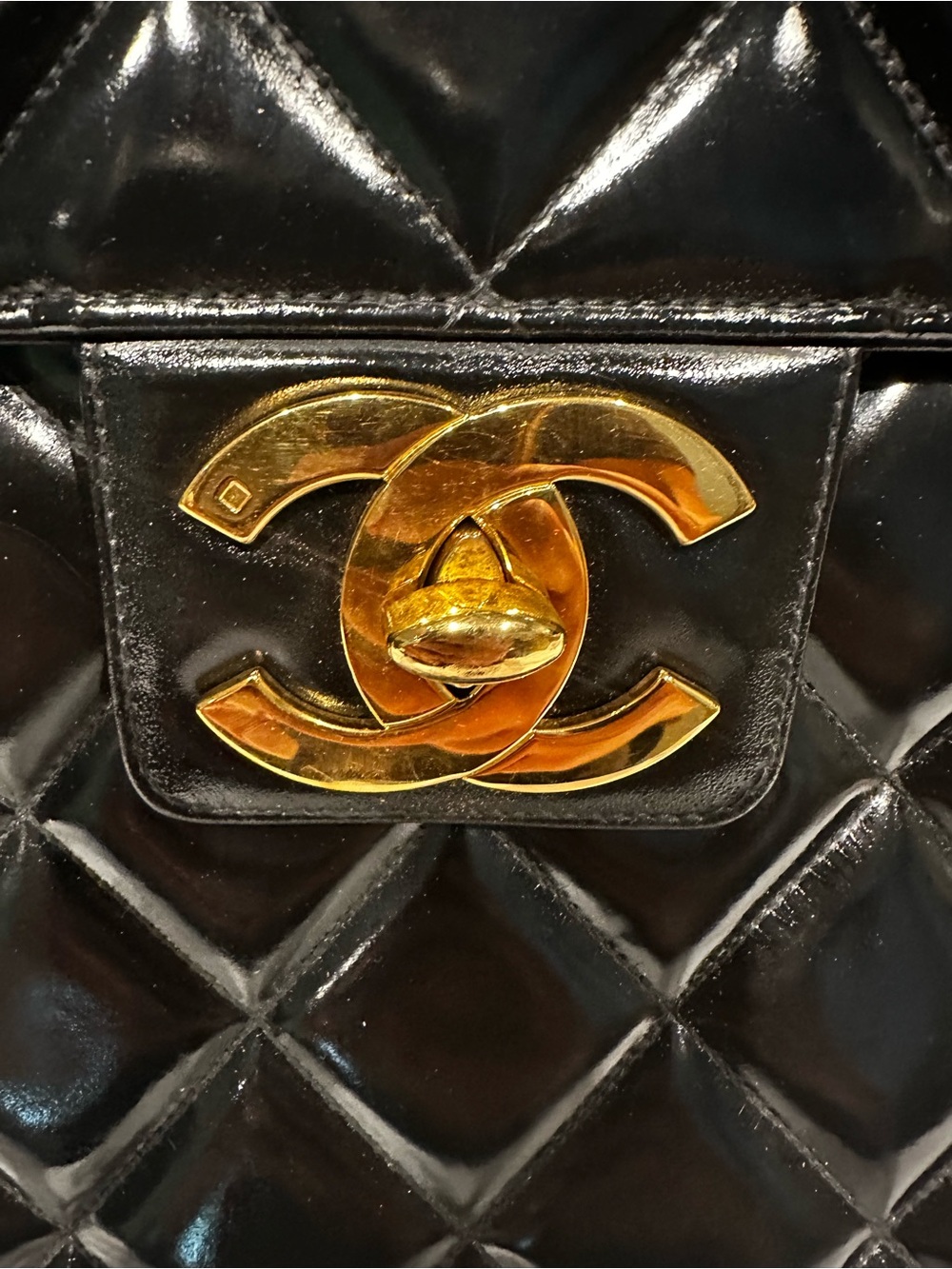 CHANEL Black Quilted Patent Top Handle Satchel with Gold CC - Picture 2 of 7